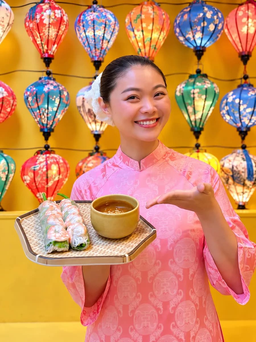 En áo dài rose, devant un mur de lanternes, un plateau de rouleaux de printemps et sa sauce